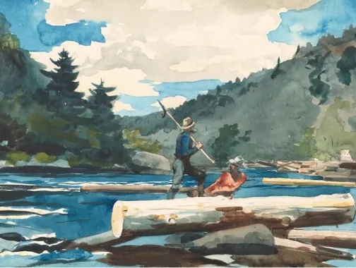 A watercolor painting shows two men riding logs down a scenic river with forested hills.